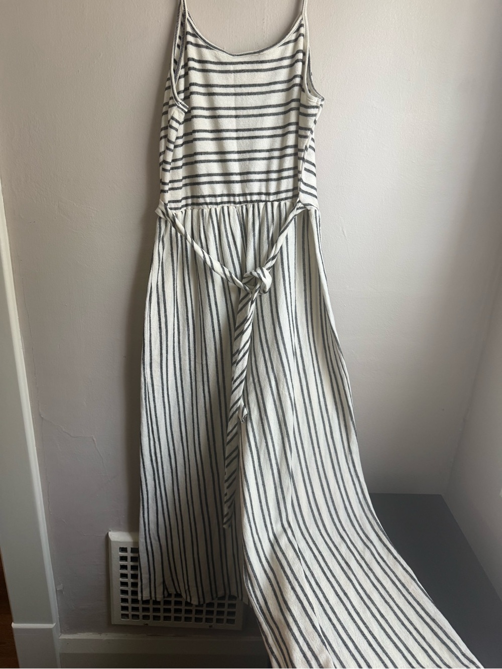 Caution to the Wind Striped Wide Leg Cotton Jumpsuit Tie Back Button Front Large - Picture 2 of 10
